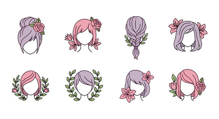 Collection of stylized female hairstyles adorned with delicate flowers and leaves, presented in a soft pastel color palette, ideal for beauty, fashion, and lifestyle themes, vector illustration