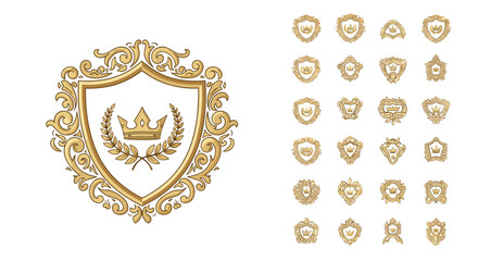Golden ornate heraldic shield emblem with crown and laurel wreath, surrounded by a decorative baroque flourish, accompanied by a collection of smaller, intricate golden crests and badges, all on a