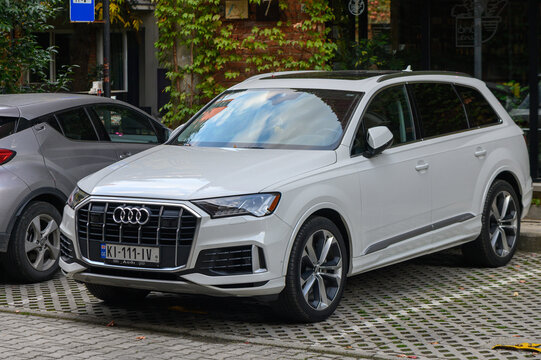 Tbilisi, Georgia 10.23.2025 White Audi Q7 SUV Parked Near House
