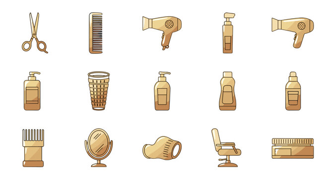 Golden icons set for hairdressing and beauty salon, including scissors, comb, hairdryer, shampoo bottles, mirror, barber chair, and styling products, representing professional hair care and styling