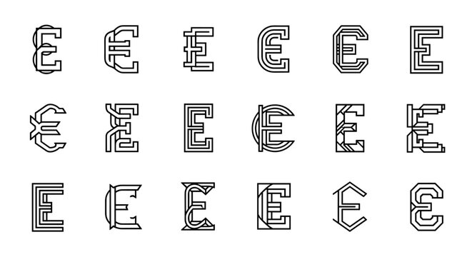 A striking collection of 18 unique, stylized letter 'E' graphics, presented in a clean, modern, and abstract design with a white outline against a solid black background, perfect for branding and