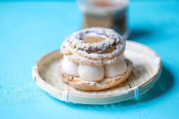 Close-Up of Pistachio and Pumpkin Christmas Paris-Brest Dessert

