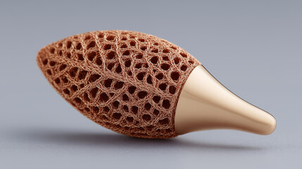 Copper mesh structure with smooth metallic tip on gray background, showcasing intricate lattice design for industrial and technology applications