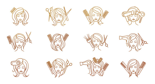 Collection of golden line art icons representing various hairdressing and beauty salon services, including scissors, combs, hair dryers, and rollers, set against a black background, ideal for