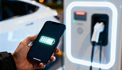 Close-up of a hand using a mobile phone with a battery status display near an electric vehicle charging point.