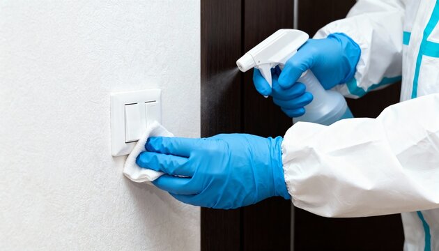 A gloved hand in a protective suit cleans a light switch with disinfectant spray and a wipe, focusing on surface hygiene.
