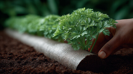 Hand holding fresh green parsley wrapped in biodegradable fabric on soil, representing sustainable gardening and organic farming practices