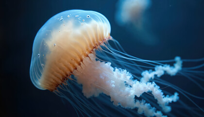 Jellyfish floats gently in dark blue water. Translucent body reveals internal structure. Long, thin tentacles trail behind this graceful sea creature.