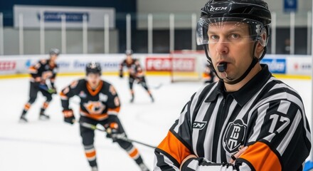 Hockey referee overseeing game action on ice rink