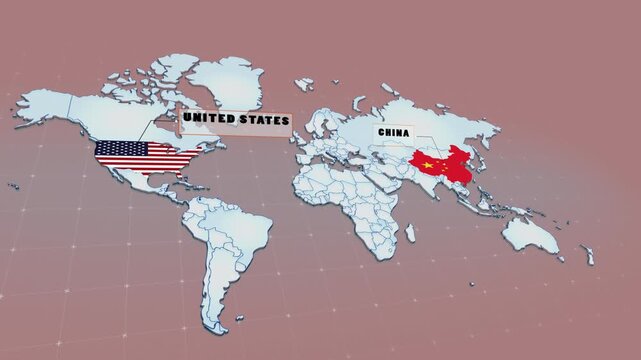 a 3D world map highlighting the United States and China, animation