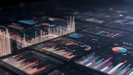 A detailed visualization of data displayed with bar graphs, pie charts and line charts in a dark setting - Powered by Adobe