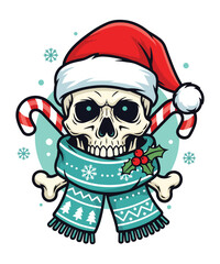 Santa Skull with Scarf and Candy Cane Crossbones Christmas Illustration