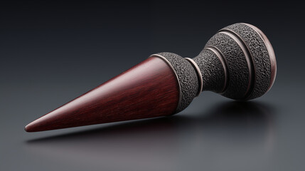 Wooden gavel with textured metal rings resting on dark surface, symbolizing law, justice, and legal authority in courtroom setting
