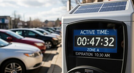 Obraz premium Parking meter displaying active time in urban setting