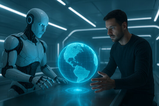 Human and Robot Analyzing Global Holographic Data Sphere