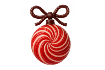 Candy cane twist ornament with liquorice bow. Christmas dessert decoration for holiday confectionery concepts