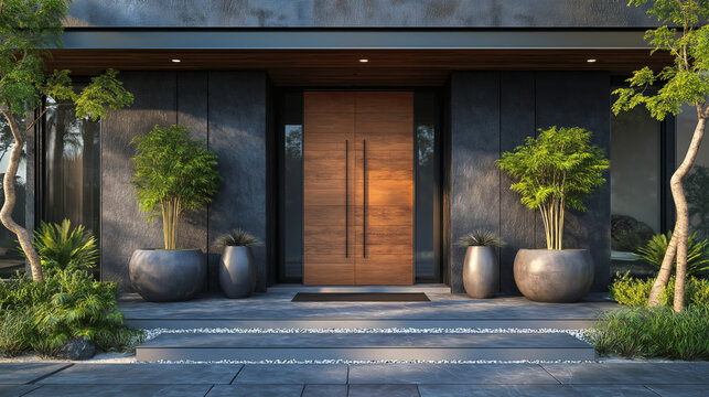 Luxury house entrance with double wooden doors and modern landscaping. Copy space