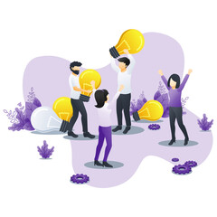 A diverse group of individuals shares innovative ideas symbolized by light bulbs, emphasizing teamwork and the power of collaboration in problem-solving and creativity.