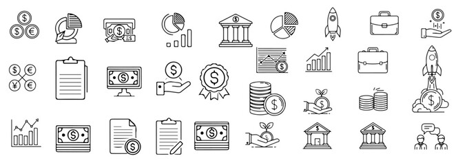 Dynamic financial icons symbolizing growth, investment, and business success, perfect for modern corporate presentations and digital content.