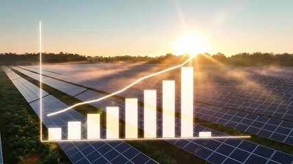 Solar panel farm with rising growth chart overlay. Renewable energy concept combines photovoltaic field at sunrise with ascending bar graph. Clean power investment, sustainable technology performance - Powered by Adobe