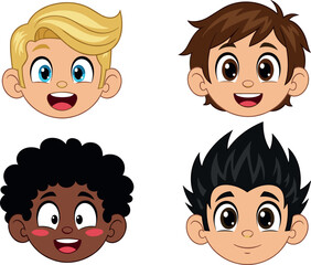 Cartoon diverse children faces with different hairstyles, skin tones, and expressions for inclusive education, character design, and media use.