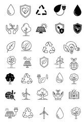 Fototapeta premium Stunning collection of clean line art icons representing renewable energy, sustainability, and environmental protection concepts for modern design