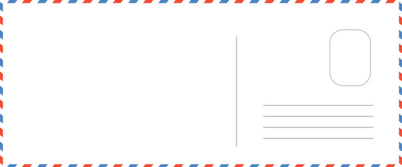 blank postcard template with place for stamp. white paper texture. airmail postcard with red and blue border