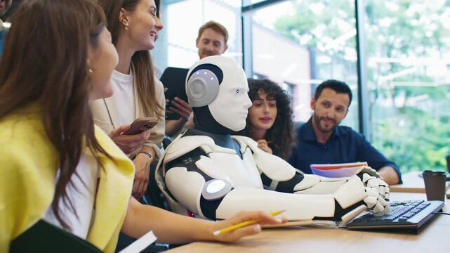 Humanoid robot successfully typing on keyboard while group of researchers smiling proudly. Team celebrating precise AI performance during robotics testing in collaborative research workspace.
