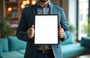 Businessman in blue suit holds modern digital tablet with blank white screen. Tech device offers ample copy space for app display, presentation, ad mockup in corporate office. Shows new technology