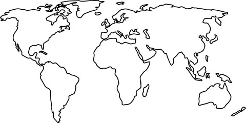 World Outlines. A minimalist world map depicted in black lines with white fill on a light background. The simplicity of the form emphasizes the universality and interconnectedness of all continents. 