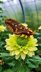 Hyalophora Cecropia Moth on Yellow Dahlia Flower in Greenhouse.jpg