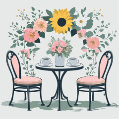 pink‑cushioned cafe table with teacups and sunflower floral backdrop in romantic outdoor vignette; greeting cards, postcards, and stationery with a romantic or garden theme.