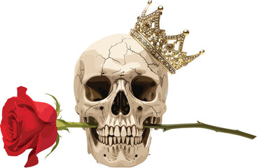 Golden crown skull with red rose in mouth, luxury gothic concept art