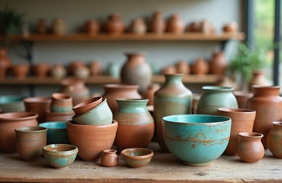Various handmade ceramic pottery bowls, vases stacked on wooden shelves. Earthy terracotta tones mixed with teal blue glazes create rustic artisan decor. These clay vessels showcase traditional craft.