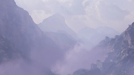 Misty mountain valley with distant peaks and remnants of ancient structures