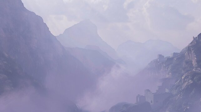 Misty mountain valley with distant peaks and remnants of ancient structures