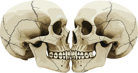Two human skulls facing each other in detailed realistic anatomical illustration artwork