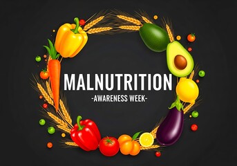 Malnutrition awareness week poster with fresh vegetables and fruits wreath