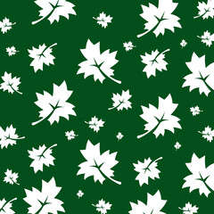 Autumn leaves seamless pattern in white on a green background