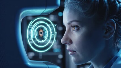 Woman undergoes biometric iris scan with futuristic holographic interface. Advanced digital security technology, eye recognition authentication and identity verification system. Cybersecurity, retinal - Powered by Adobe