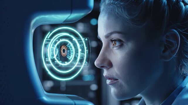 Woman undergoes biometric iris scan with futuristic holographic interface. Advanced digital security technology, eye recognition authentication and identity verification system. Cybersecurity, retinal