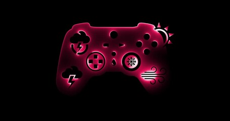 Neon Outline Of A Video Game Controller With Weather Icons And Sun On A Black Background - Powered by Adobe