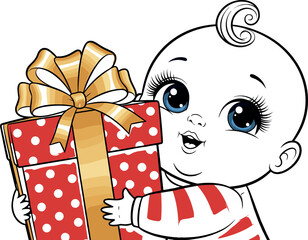 Cute baby holding red polka dot gift box with golden ribbon, smiling in striped outfit, perfect for celebration and kids themes.