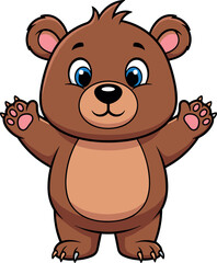 Cute cartoon brown bear standing upright with raised arms, smiling face, pink paw pads, friendly expression, perfect for kids content.