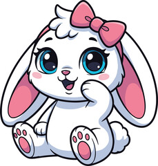 Cute white bunny cartoon character with pink bow, blue eyes, sitting pose, cheerful expression, perfect for kids merchandise and media.