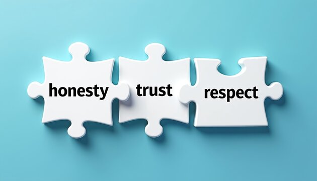 Three puzzle pieces with words honesty trust and respect connect together. This symbolizes building a strong foundation for business relationships teamwork and personal connections.