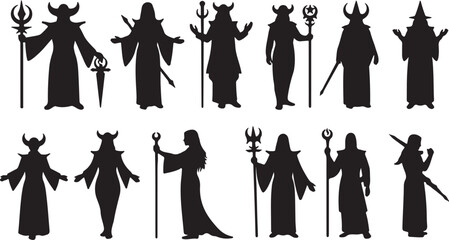 Fantasy wizard silhouettes set, black magical sorcerer figures, witch and mage collection isolated on white background