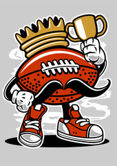 This cheerful image portrays a cartoon football character proudly holding a trophy and wearing a crown, encapsulating the joy of victory in sports and playful teamwork spirit.
