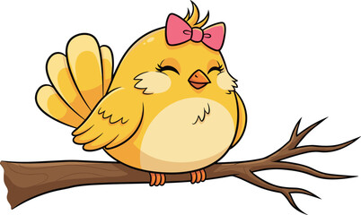 Cute yellow cartoon bird with pink bow sitting on tree branch, cheerful character for children’s book, nursery, or educational design