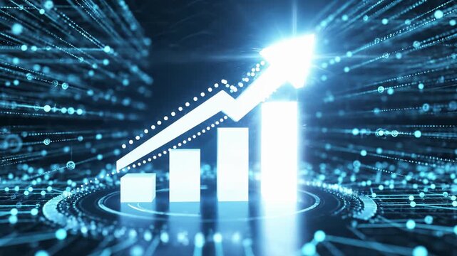 Glowing bar chart with ascending arrow illustrates business growth and success through digital network connections. Financial analytics visualization demonstrates upward performance trajectory, data - Powered by Adobe